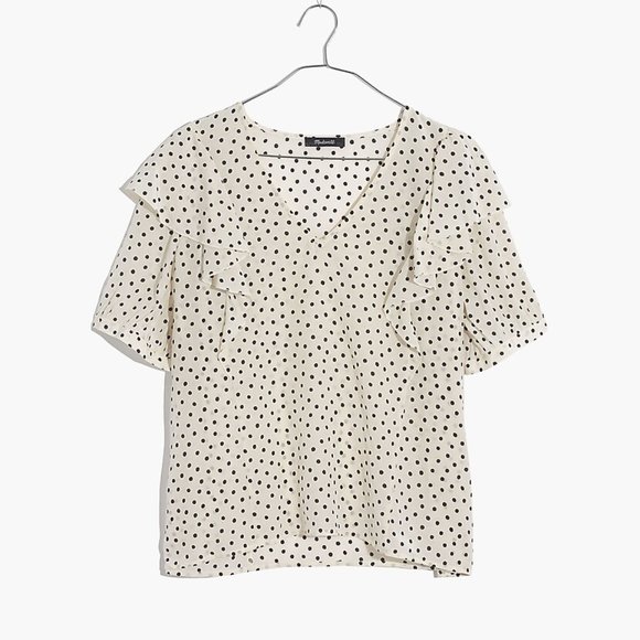 Madewell Silk V-Neck Shoulder-Ruffle Top in Inkbrush Dots - Picture 1 of 9